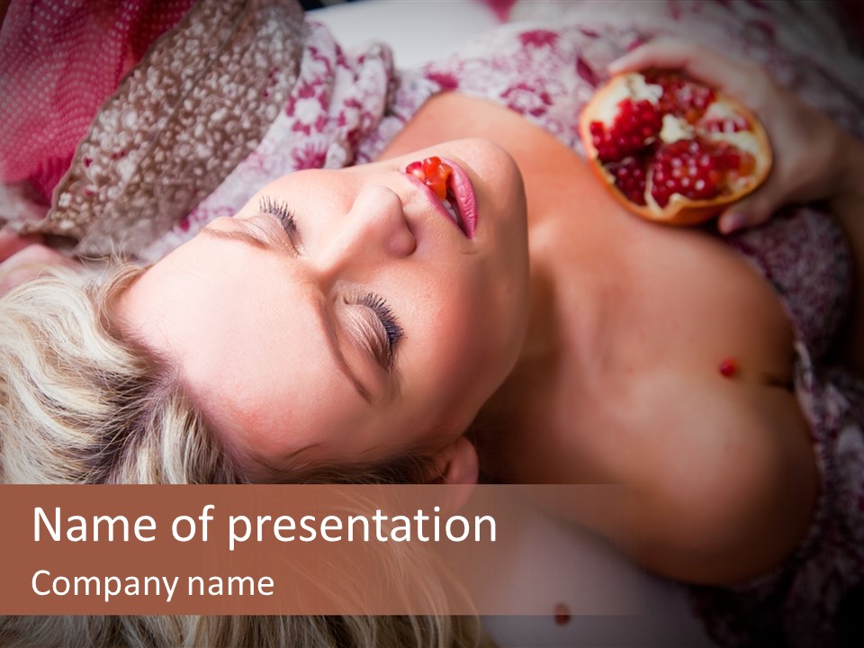 A Woman Laying On Top Of A Bed Next To A Pomegranate PowerPoint Template