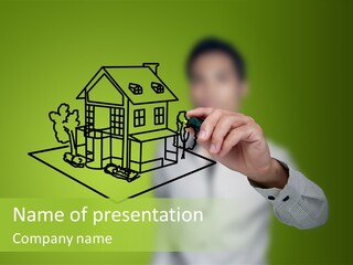 A Man Drawing A House On A Green Background PowerPoint Template