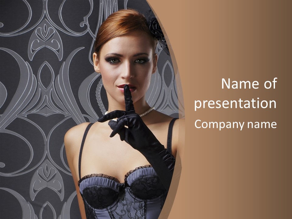 A Woman In A Corset With Her Finger Up To Her Mouth PowerPoint Template