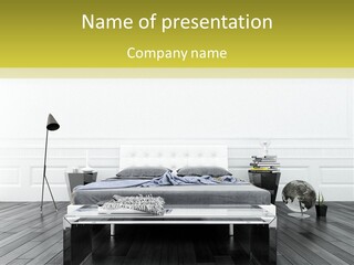 A Bed Sitting In A Bedroom Next To A Table PowerPoint Template