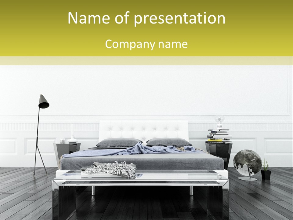 A Bed Sitting In A Bedroom Next To A Table PowerPoint Template