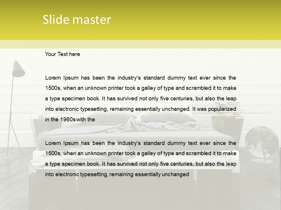 A Bed Sitting In A Bedroom Next To A Table PowerPoint Template