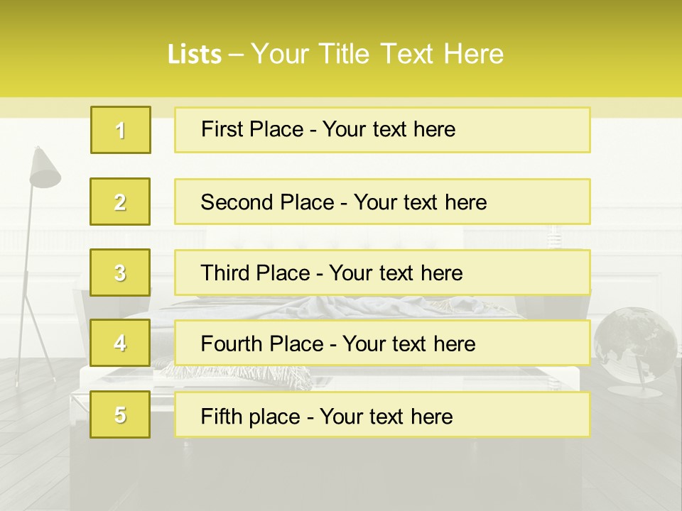 A Bed Sitting In A Bedroom Next To A Table PowerPoint Template