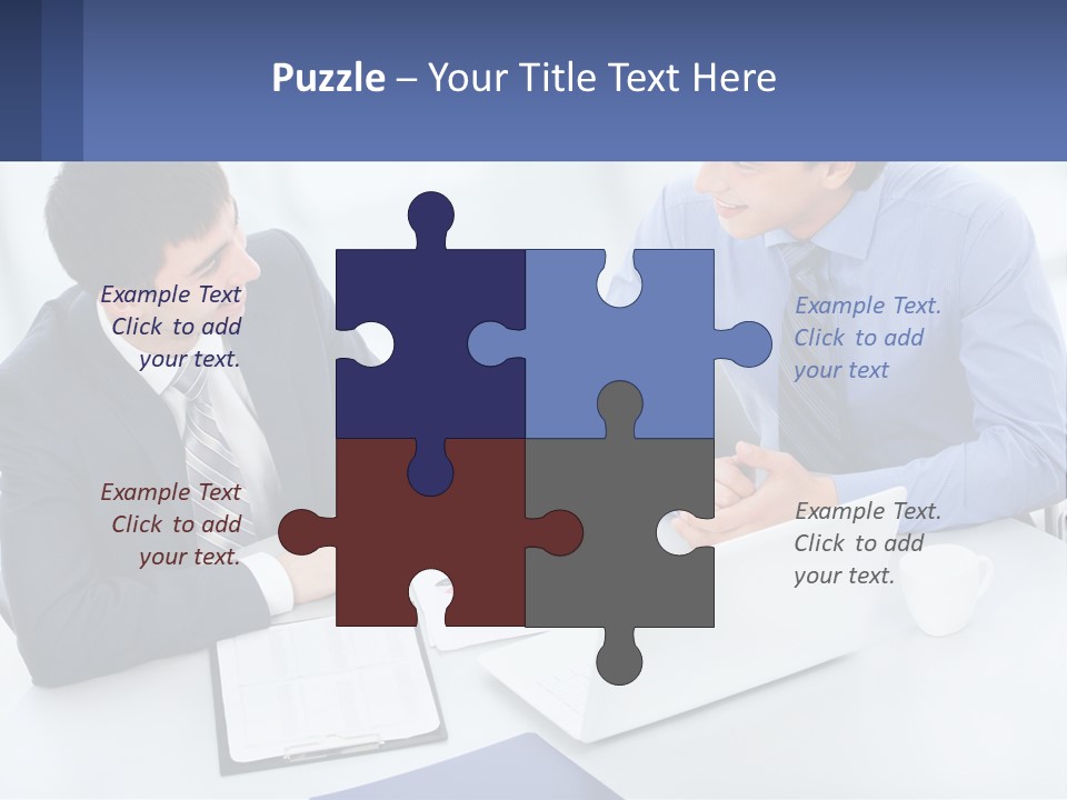 Two Men Sitting At A Table In Front Of A Laptop PowerPoint Template