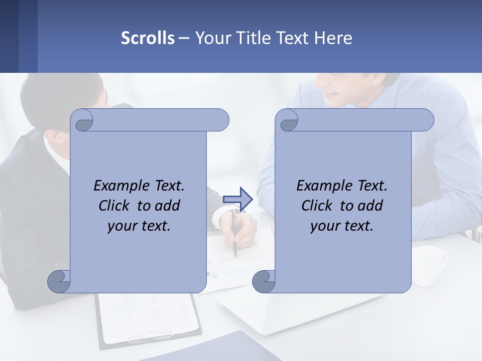 Two Men Sitting At A Table In Front Of A Laptop PowerPoint Template