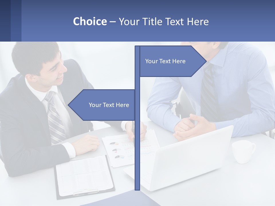 Two Men Sitting At A Table In Front Of A Laptop PowerPoint Template