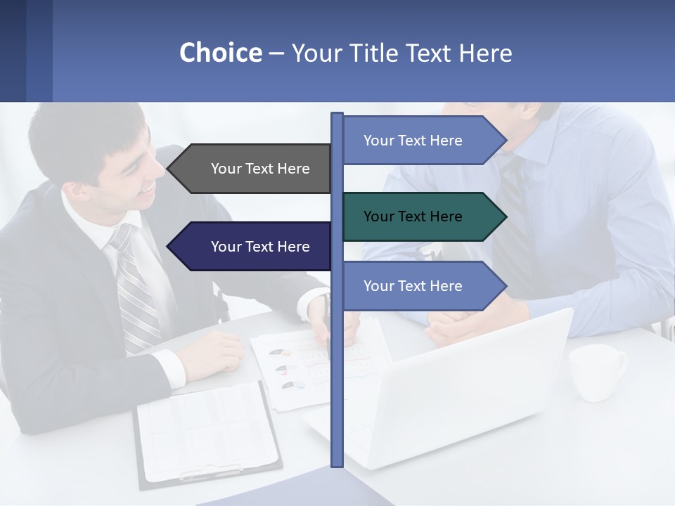 Two Men Sitting At A Table In Front Of A Laptop PowerPoint Template