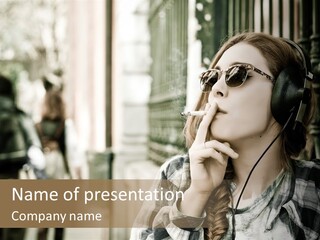 A Woman Smoking A Cigarette While Wearing Headphones PowerPoint Template