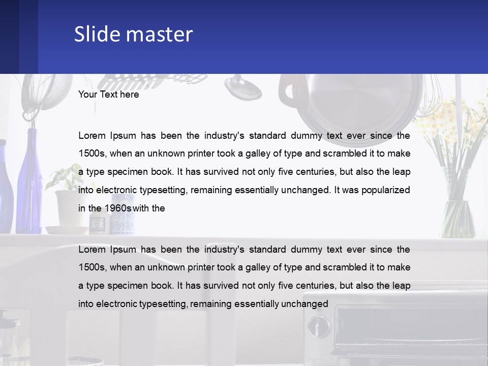 A Stove Top Oven Sitting Next To A Wall With Pots And Pans On It PowerPoint Template