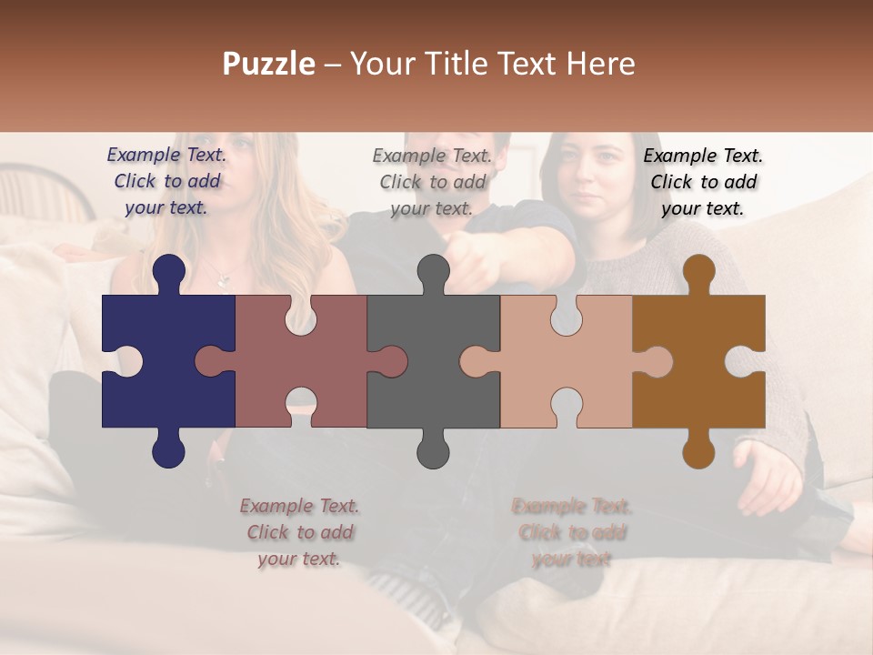 A Man And Woman Sitting On A Couch Pointing At Something PowerPoint Template