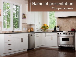 A Kitchen With White Cabinets And A Stainless Steel Stove PowerPoint Template