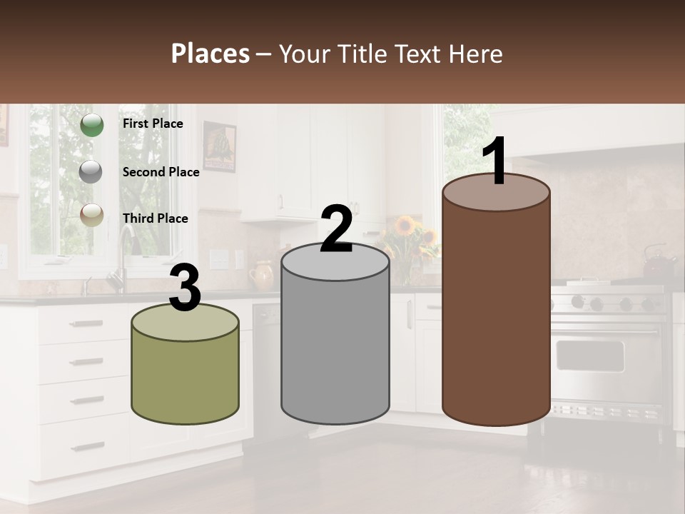 A Kitchen With White Cabinets And A Stainless Steel Stove PowerPoint Template