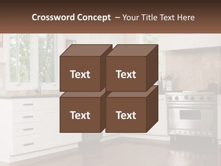 A Kitchen With White Cabinets And A Stainless Steel Stove PowerPoint Template