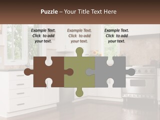 A Kitchen With White Cabinets And A Stainless Steel Stove PowerPoint Template