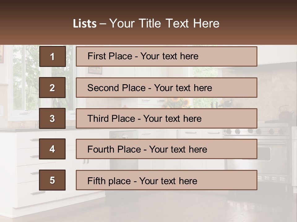 A Kitchen With White Cabinets And A Stainless Steel Stove PowerPoint Template