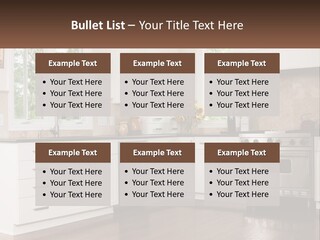 A Kitchen With White Cabinets And A Stainless Steel Stove PowerPoint Template