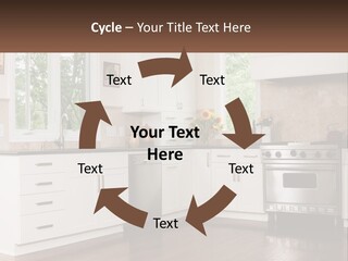 A Kitchen With White Cabinets And A Stainless Steel Stove PowerPoint Template