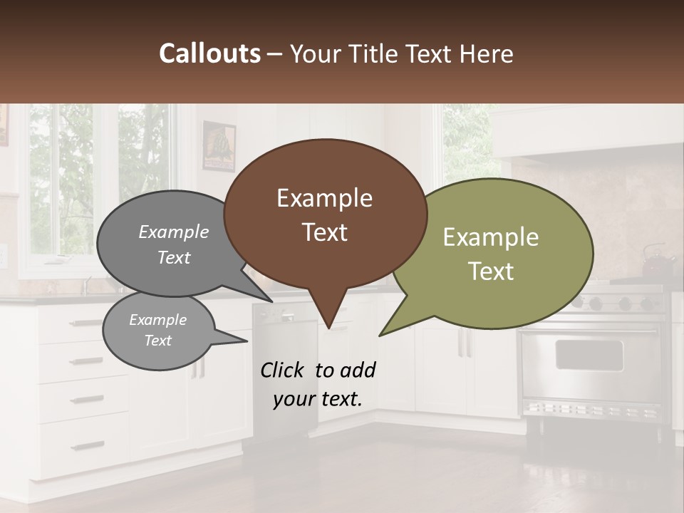 A Kitchen With White Cabinets And A Stainless Steel Stove PowerPoint Template