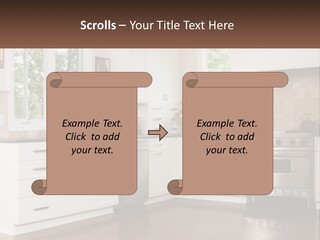 A Kitchen With White Cabinets And A Stainless Steel Stove PowerPoint Template