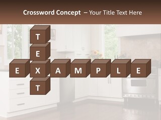 A Kitchen With White Cabinets And A Stainless Steel Stove PowerPoint Template