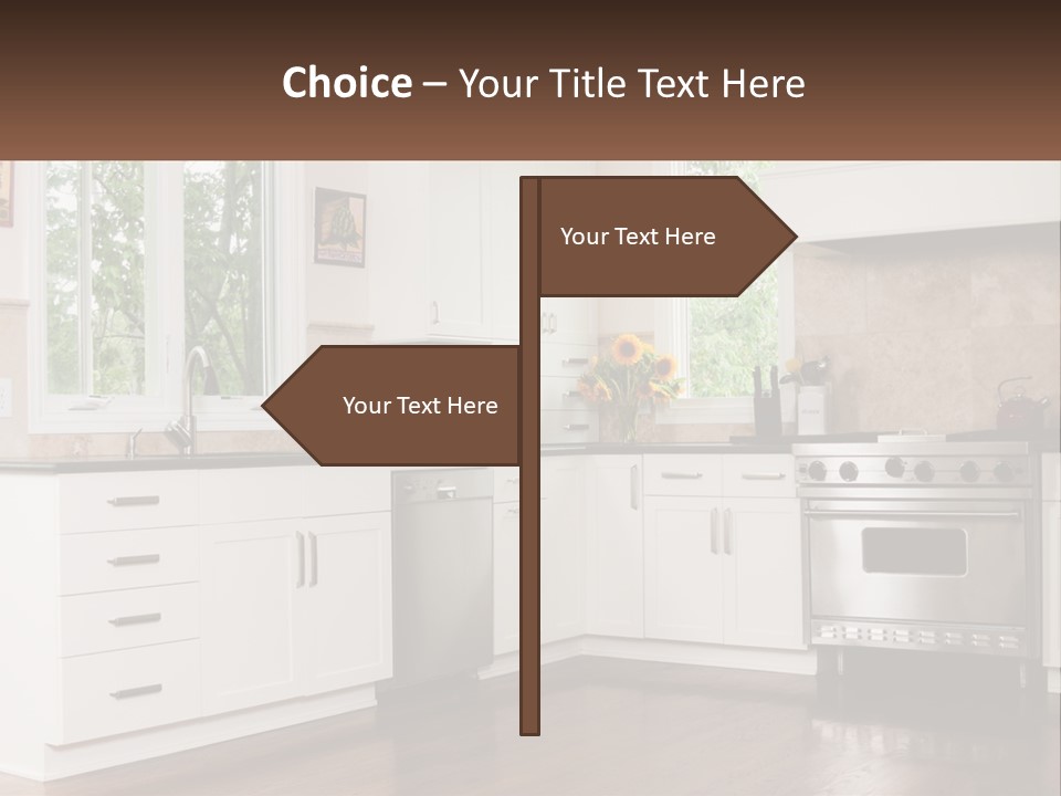 A Kitchen With White Cabinets And A Stainless Steel Stove PowerPoint Template