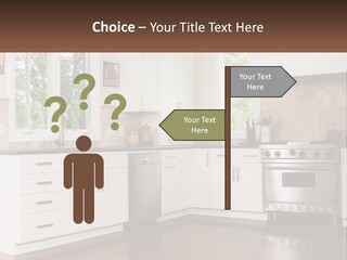A Kitchen With White Cabinets And A Stainless Steel Stove PowerPoint Template