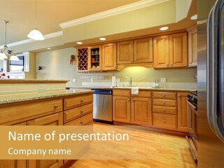 A Kitchen With Wooden Cabinets And A Stainless Steel Dishwasher PowerPoint Template