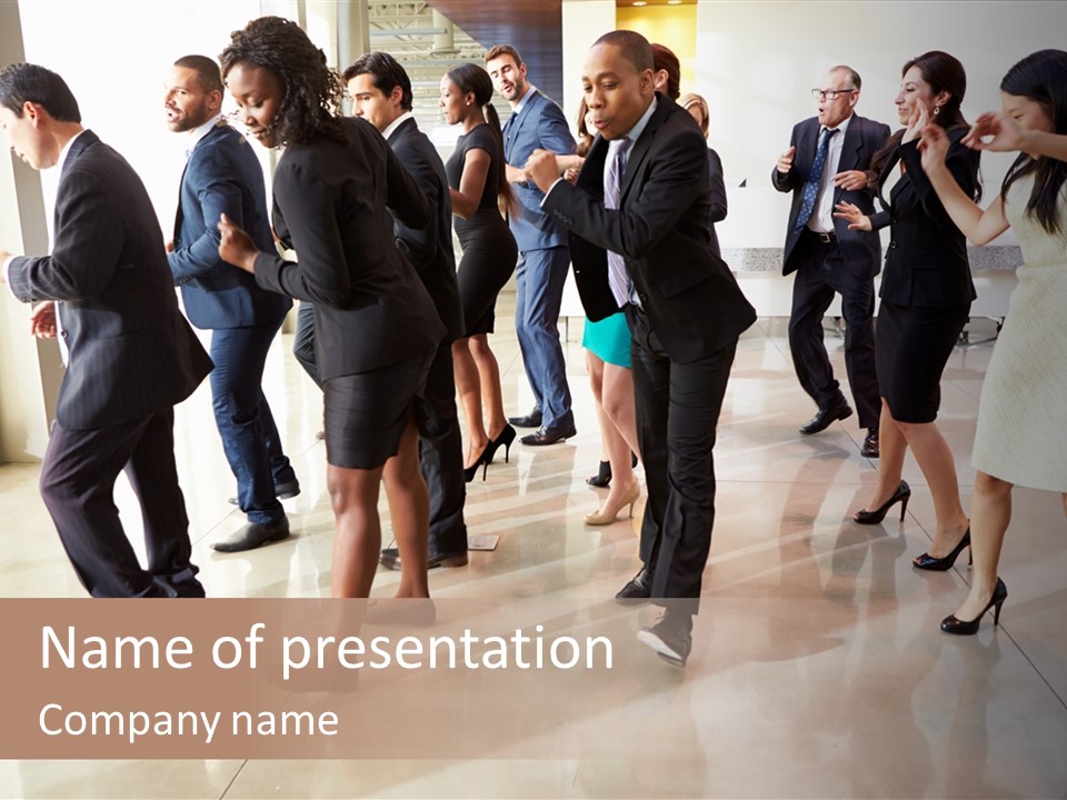 A Group Of People Standing Around Each Other In A Room PowerPoint Template