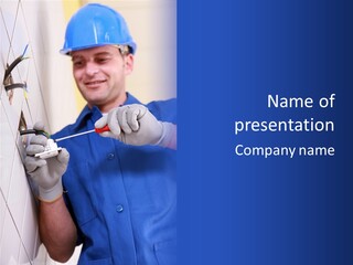 A Man In A Blue Shirt And Hard Hat Working On A Wall PowerPoint Template