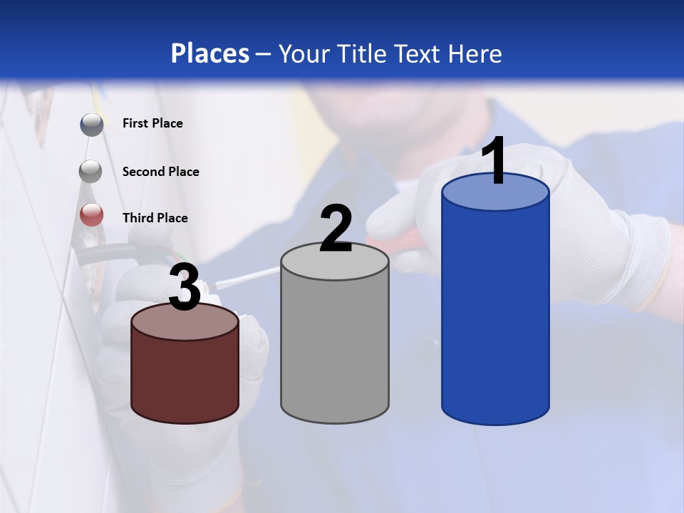 A Man In A Blue Shirt And Hard Hat Working On A Wall PowerPoint Template