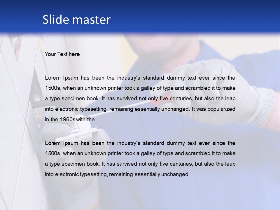 A Man In A Blue Shirt And Hard Hat Working On A Wall PowerPoint Template