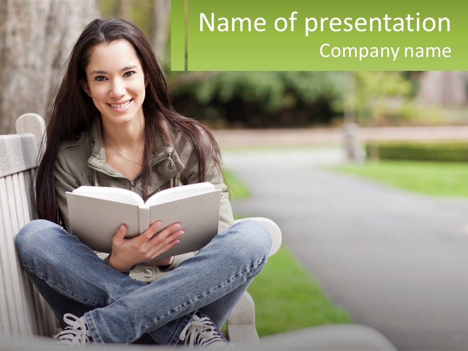 A Woman Sitting On A Bench Reading A Book PowerPoint Template