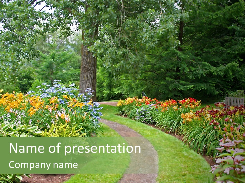 A Garden With Flowers And Trees In The Background PowerPoint Template