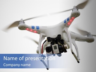 A White And Blue Remote Control Flying Through The Air PowerPoint Template