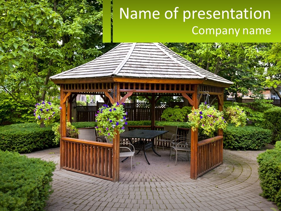 A Wooden Gazebo Surrounded By Greenery And Flowers PowerPoint Template