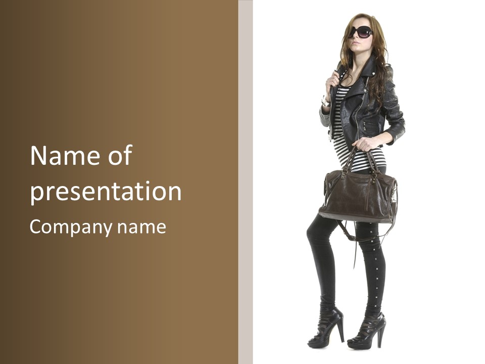 A Woman In A Black Leather Jacket Holding A Brown Purse PowerPoint Template