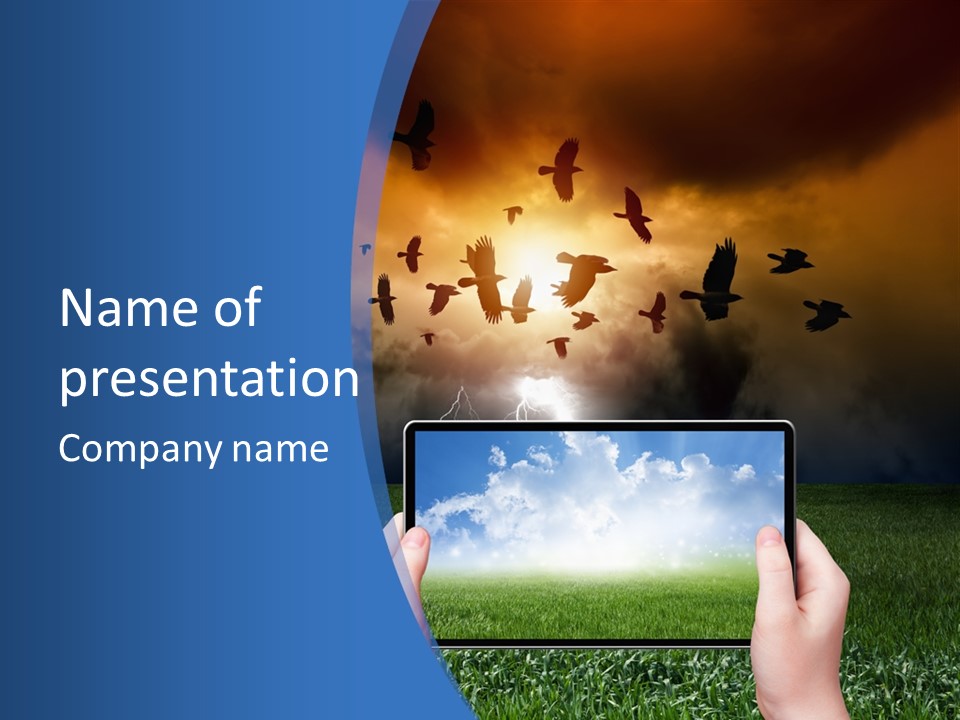 A Person Holding A Tablet With A Sky Background PowerPoint Template