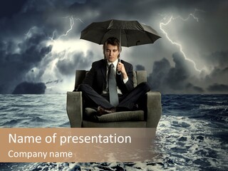 A Man Sitting In A Chair With An Umbrella Over His Head PowerPoint Template