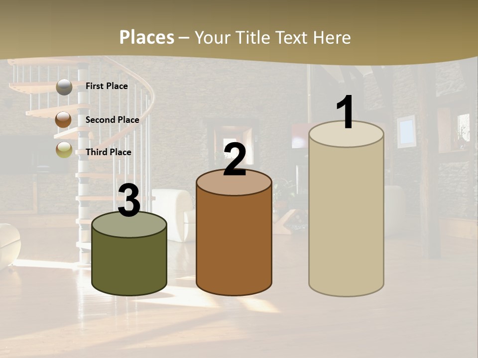 A Living Room Filled With Furniture And A Spiral Staircase PowerPoint Template