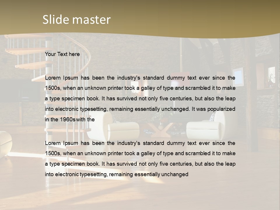 A Living Room Filled With Furniture And A Spiral Staircase PowerPoint Template