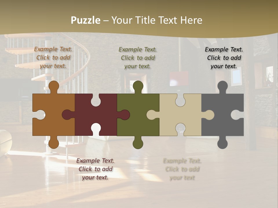 A Living Room Filled With Furniture And A Spiral Staircase PowerPoint Template