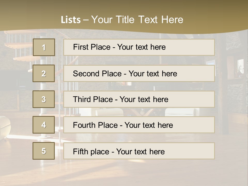 A Living Room Filled With Furniture And A Spiral Staircase PowerPoint Template