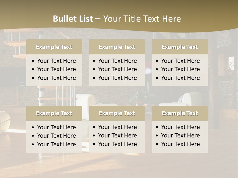 A Living Room Filled With Furniture And A Spiral Staircase PowerPoint Template