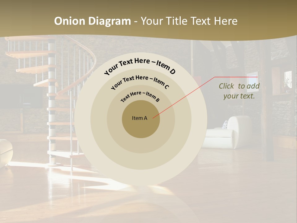 A Living Room Filled With Furniture And A Spiral Staircase PowerPoint Template