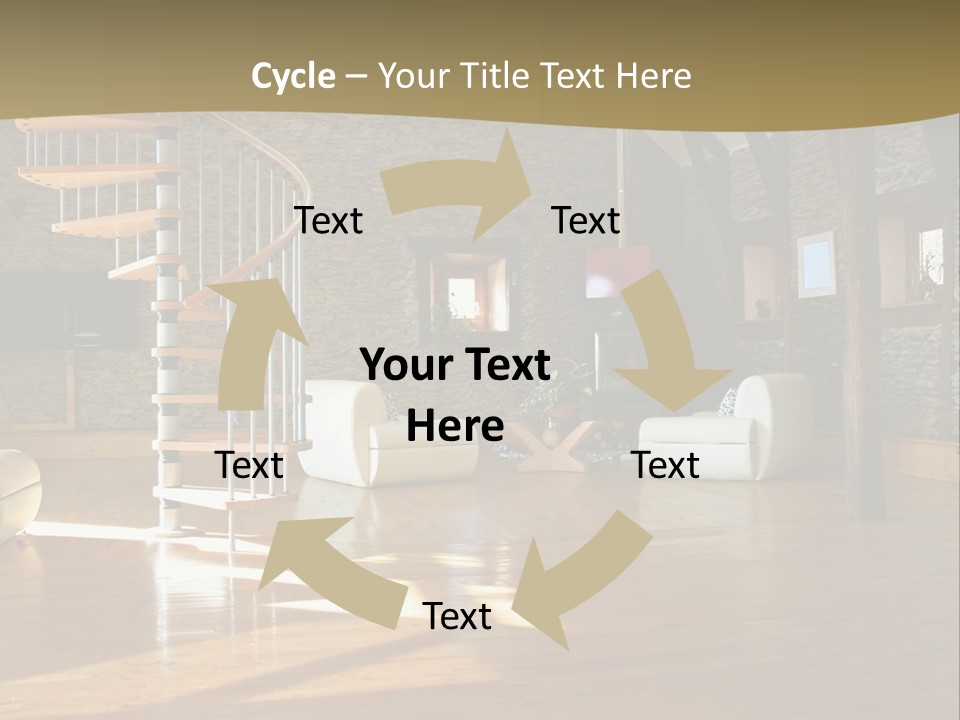 A Living Room Filled With Furniture And A Spiral Staircase PowerPoint Template