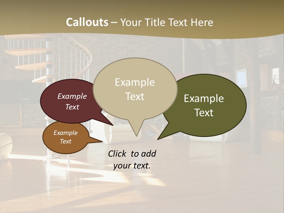 A Living Room Filled With Furniture And A Spiral Staircase PowerPoint Template