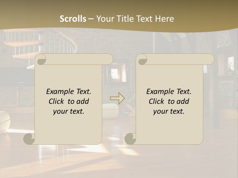 A Living Room Filled With Furniture And A Spiral Staircase PowerPoint Template