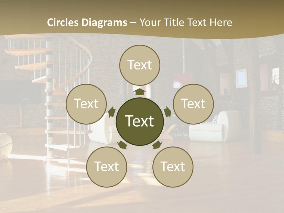 A Living Room Filled With Furniture And A Spiral Staircase PowerPoint Template