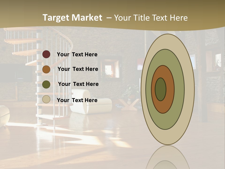 A Living Room Filled With Furniture And A Spiral Staircase PowerPoint Template