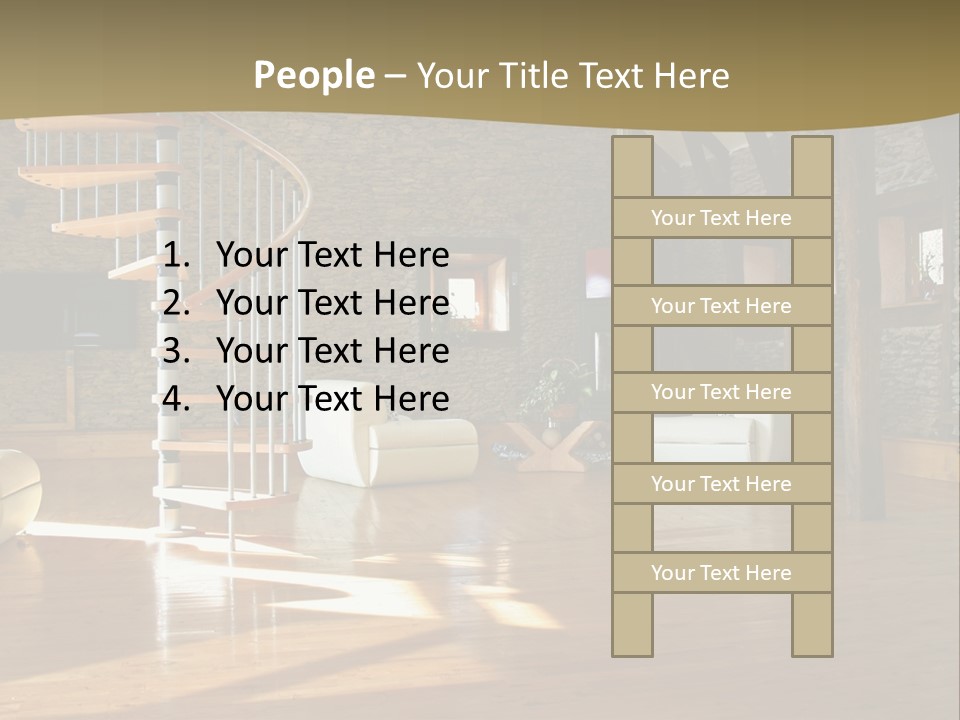 A Living Room Filled With Furniture And A Spiral Staircase PowerPoint Template